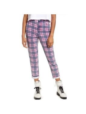 Topshop Plaid Checkered Denim High Rise Mom Jeans in Bright Pink & Blue